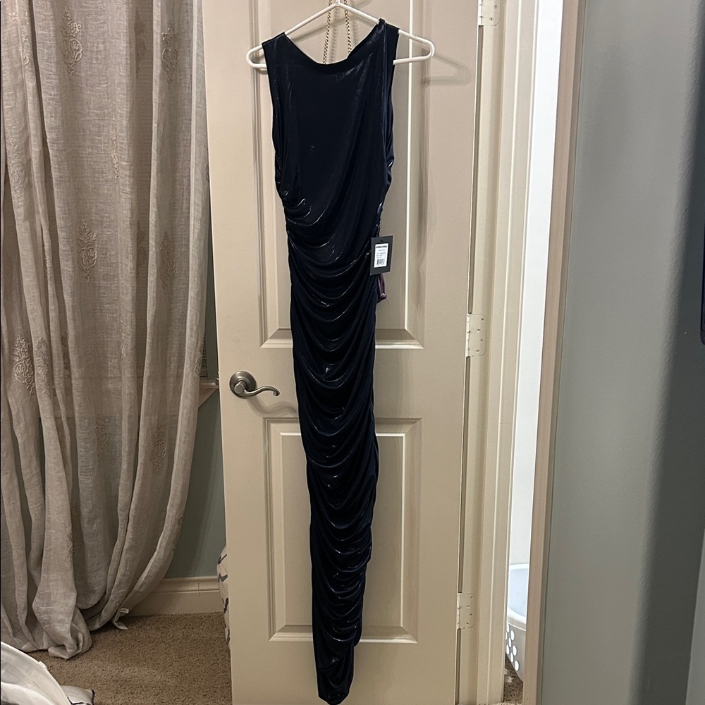 New with Tags Navy Normal Kamali Sleeveless Side Shirred Evening Gown